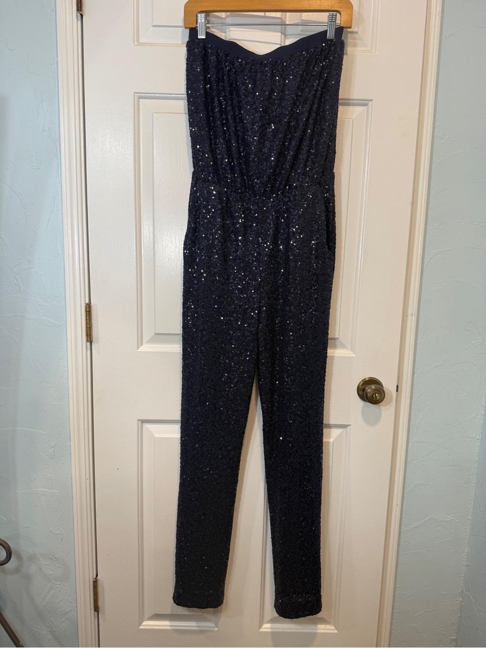 Susana Monaco Strapless jumpsuit Thunder Navy Blue Sequin pockets S/M Revolve - Picture 6 of 15